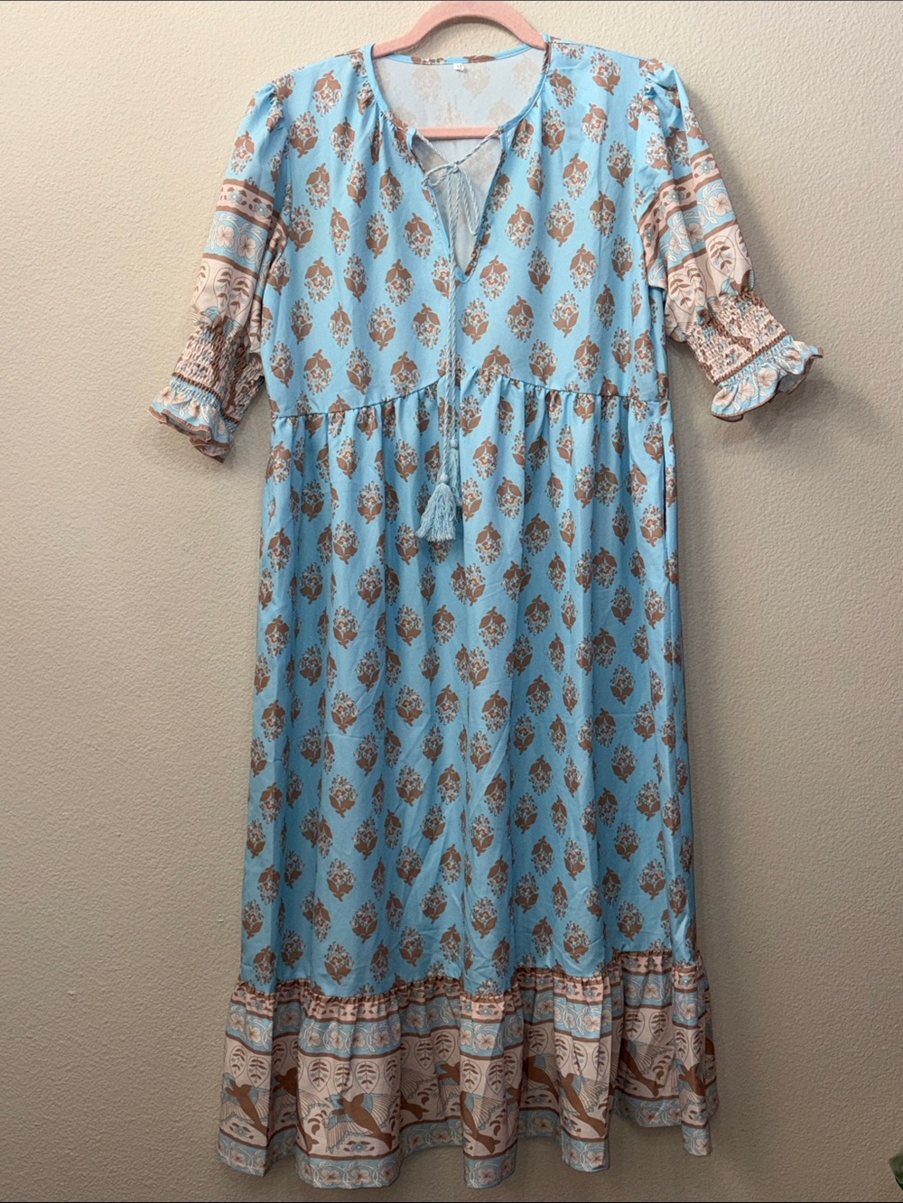 Boho Tassel Tie Blue Floral Midi Dress